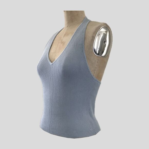 Reformation Blue Organic Cotton Stretch Knit Sleeveless Cropped Halter Top - S - Picture 1 of 8